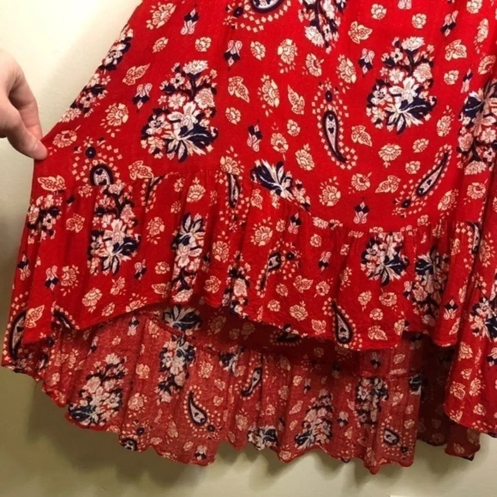 Allison Joy Red Floral High Low Dress, Adjustable Straps, Ruffle Accents Size M
